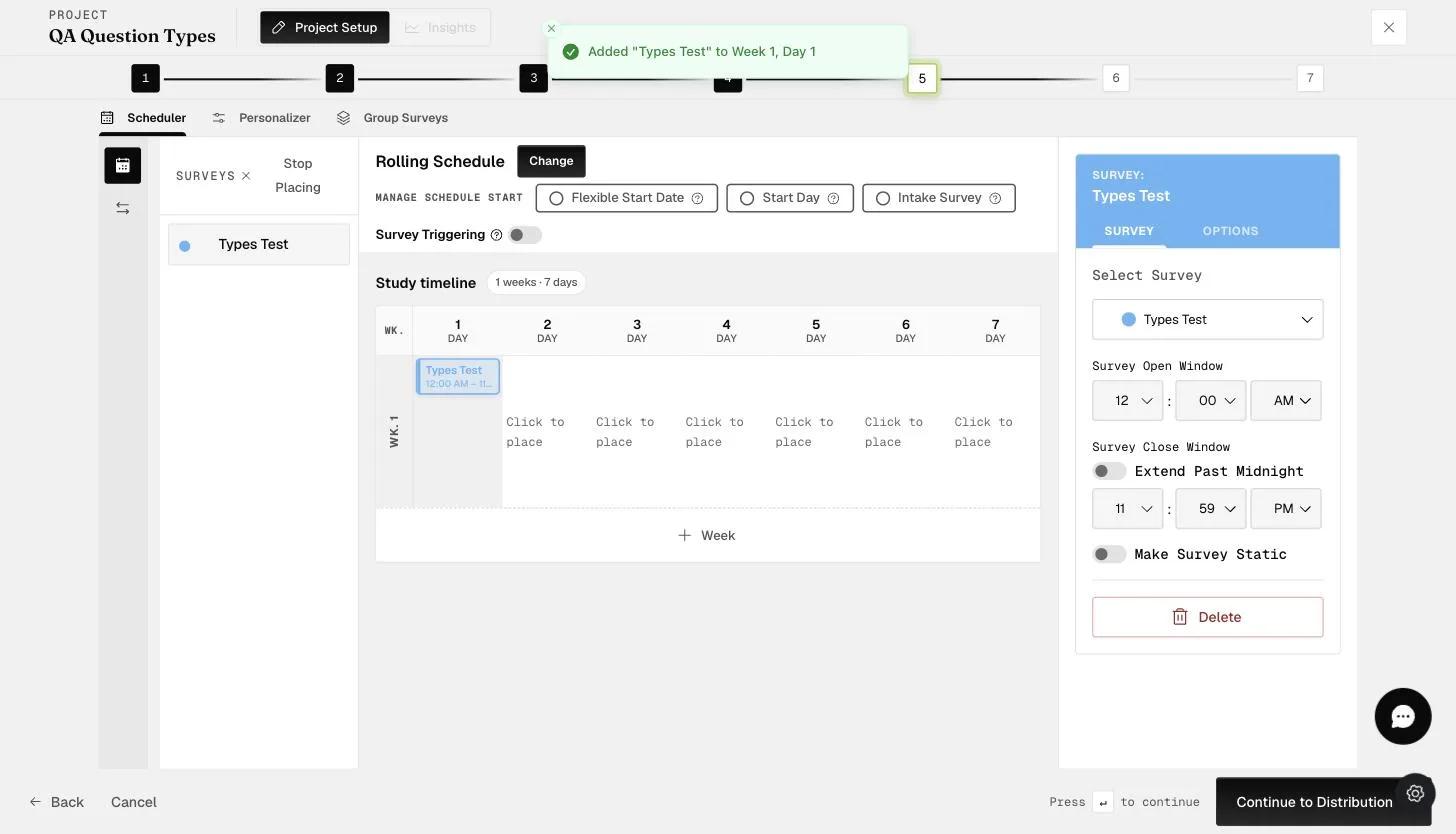 The survey window editor: Survey Open and Close Window times, Extend Past Midnight, and Make Survey Static