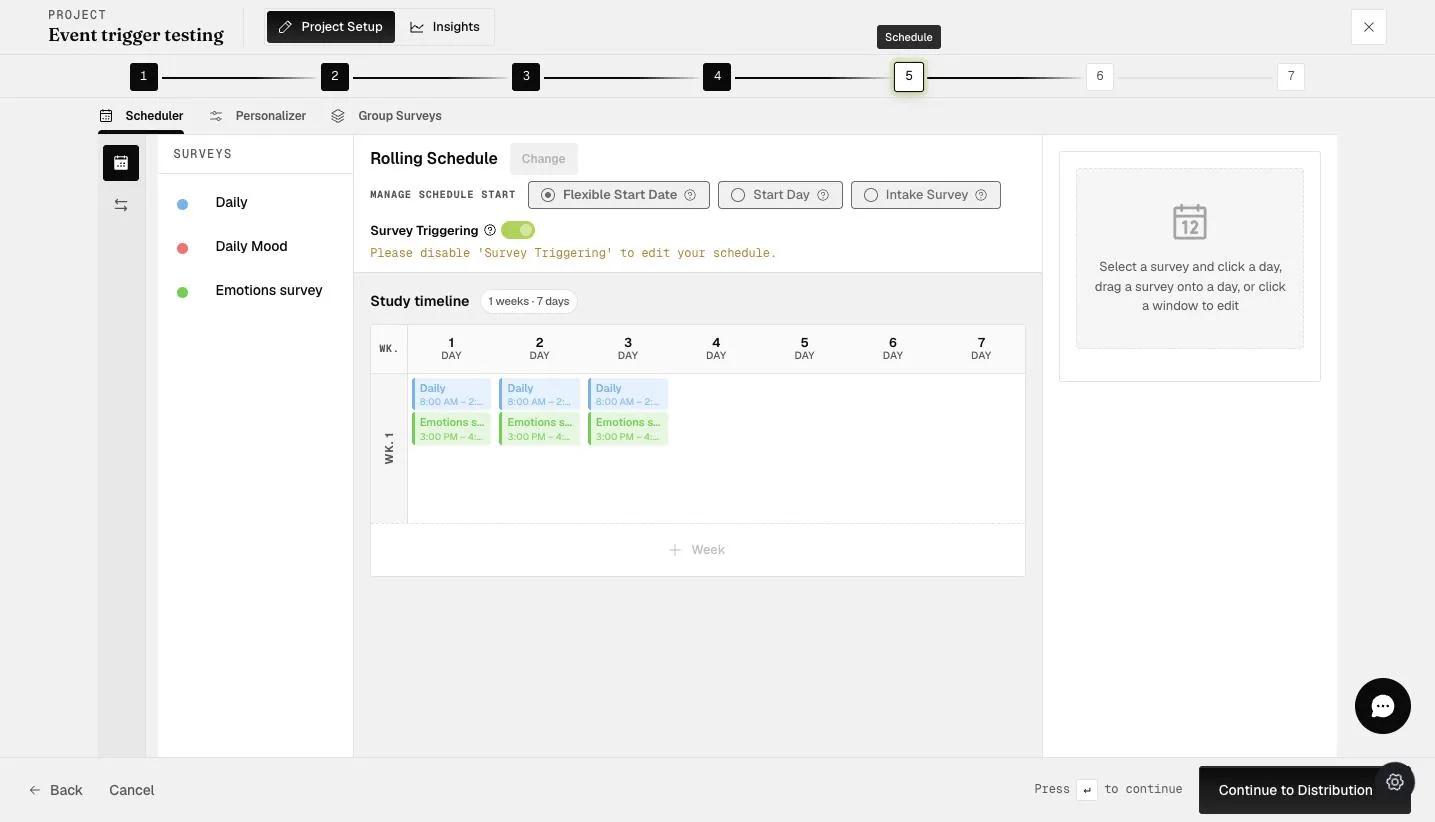 An example rolling schedule with multiple surveys placed across the week