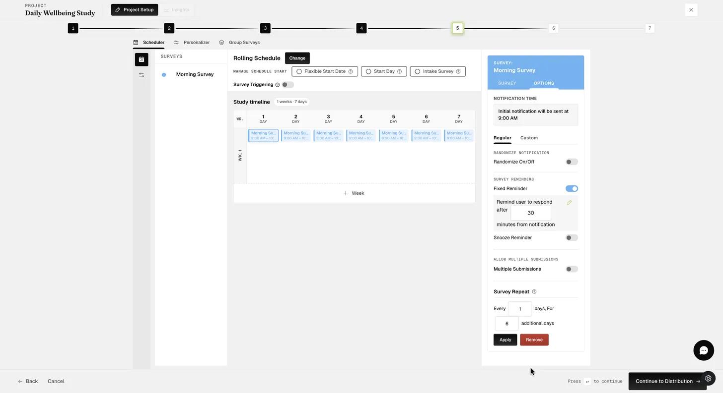 The same OPTIONS tab configured — Fixed Reminder on with a 30-minute delay, Survey Repeat set to every 1 day for 6 additional days, and Apply and Remove buttons below. The timeline behind it now shows the Morning Survey on all seven days.