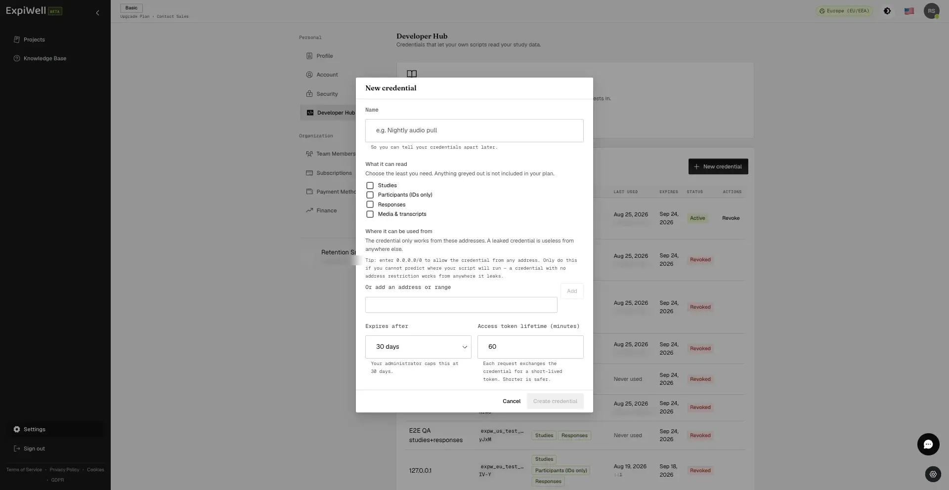 The New credential dialog with an empty name field, four unticked data permissions, an address allowlist section, and controls for expiry and access token lifetime