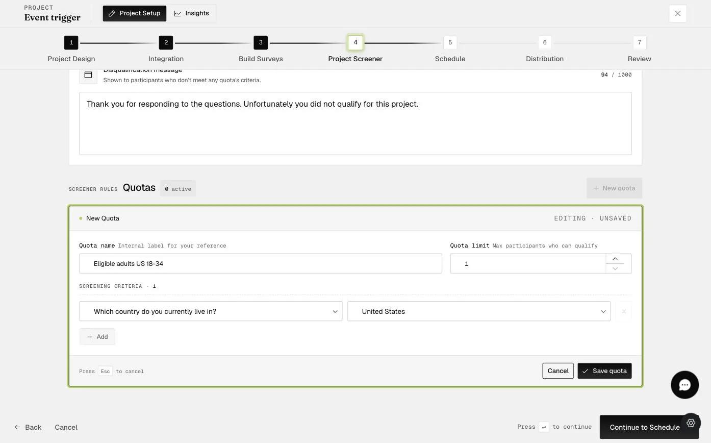 The New Quota form with a quota name, quota limit, and a screening criterion mapping the country question to United States