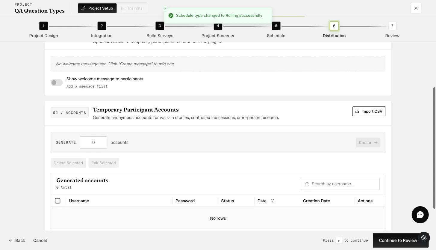 The Temporary Participant Accounts panel: generate accounts, Import CSV, and the generated-accounts table