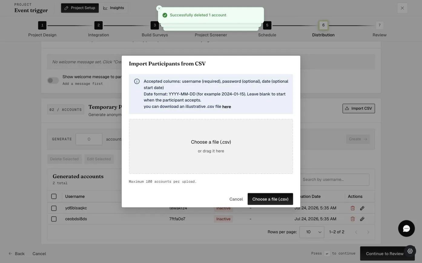 The Import Participants from CSV dialog explaining accepted columns (username required, password and date optional) with a file chooser
