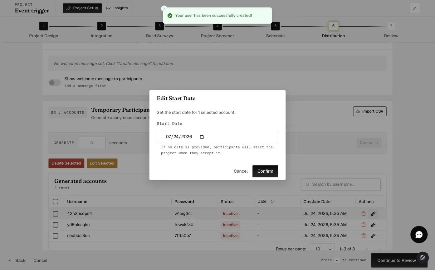 The Edit Start Date dialog for a selected temporary account with a date picker and Confirm button