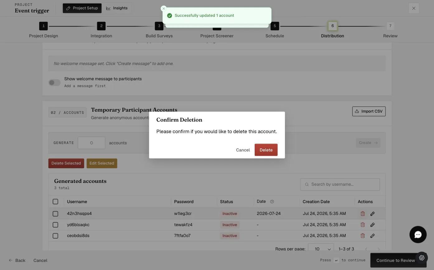The Confirm Deletion dialog asking to confirm deleting a temporary account