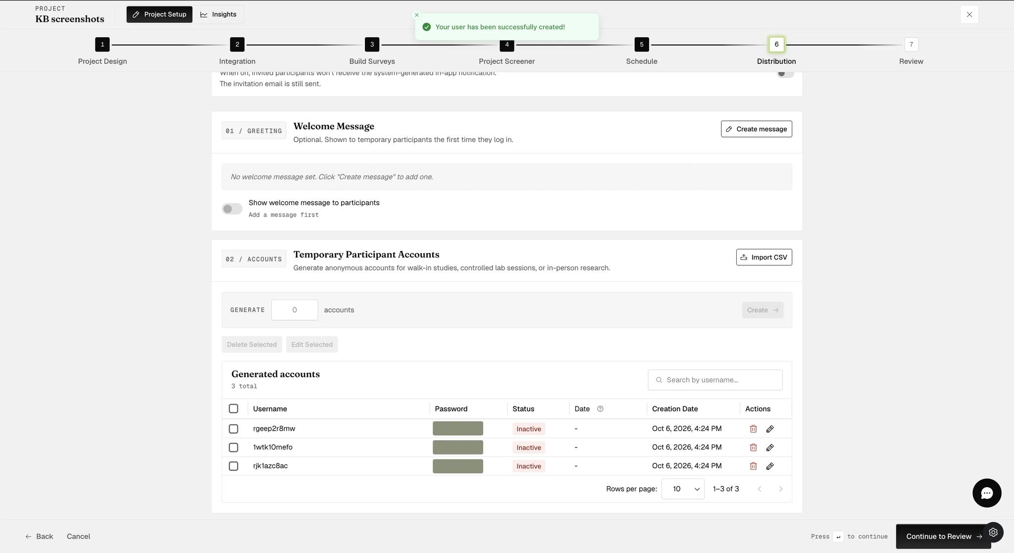 The Generated accounts table holding three rows, each with a random username, a password redacted in this screenshot, a status of Inactive, no start date, a creation timestamp, and delete and edit actions
