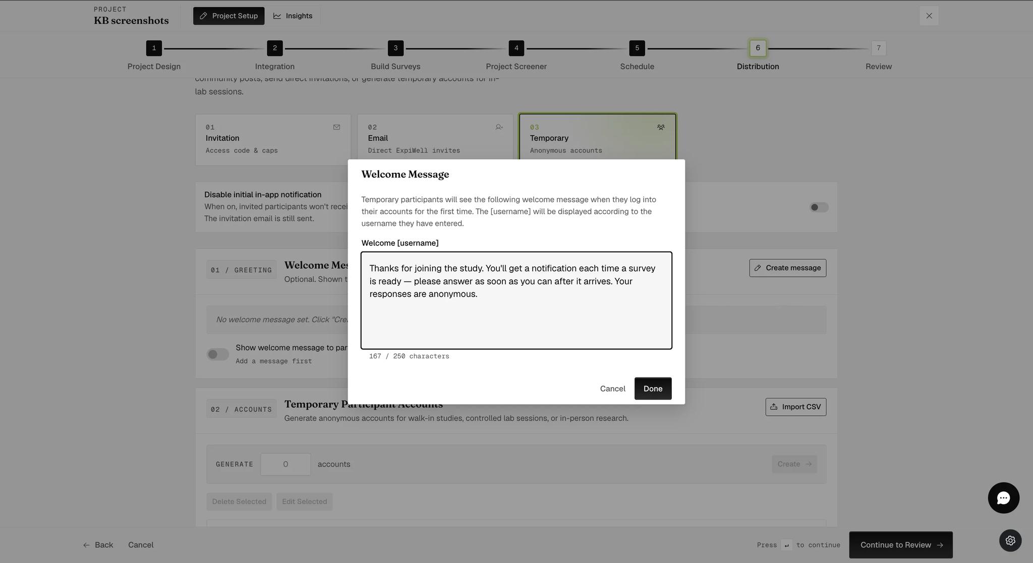 The Welcome Message dialog, explaining that temporary participants see this the first time they log in, with a Welcome [username] heading above a text box holding a short message and a counter reading 167 of 250 characters