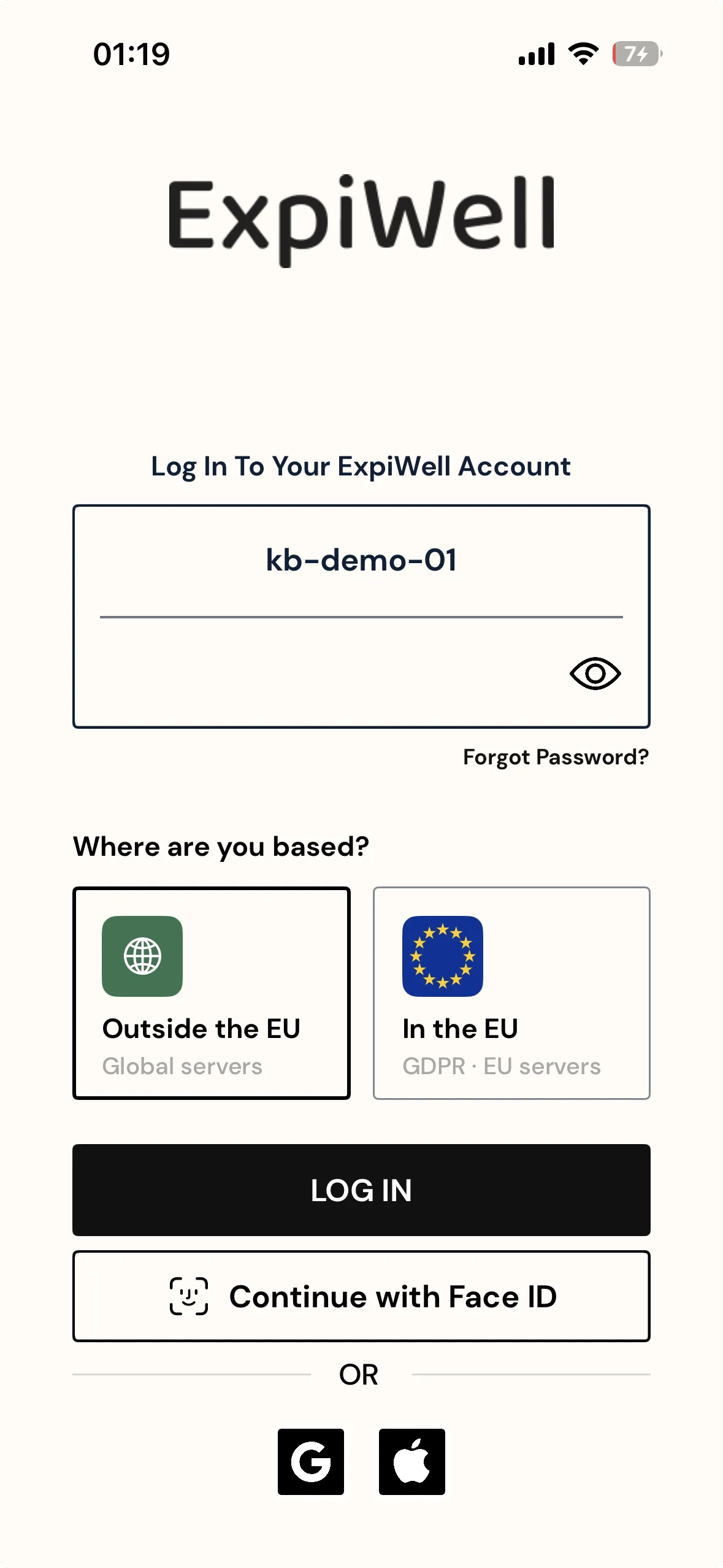 The ExpiWell app login screen with a temporary account username filled in, a password field below it, a choice between Outside the EU and In the EU, and a Log In button