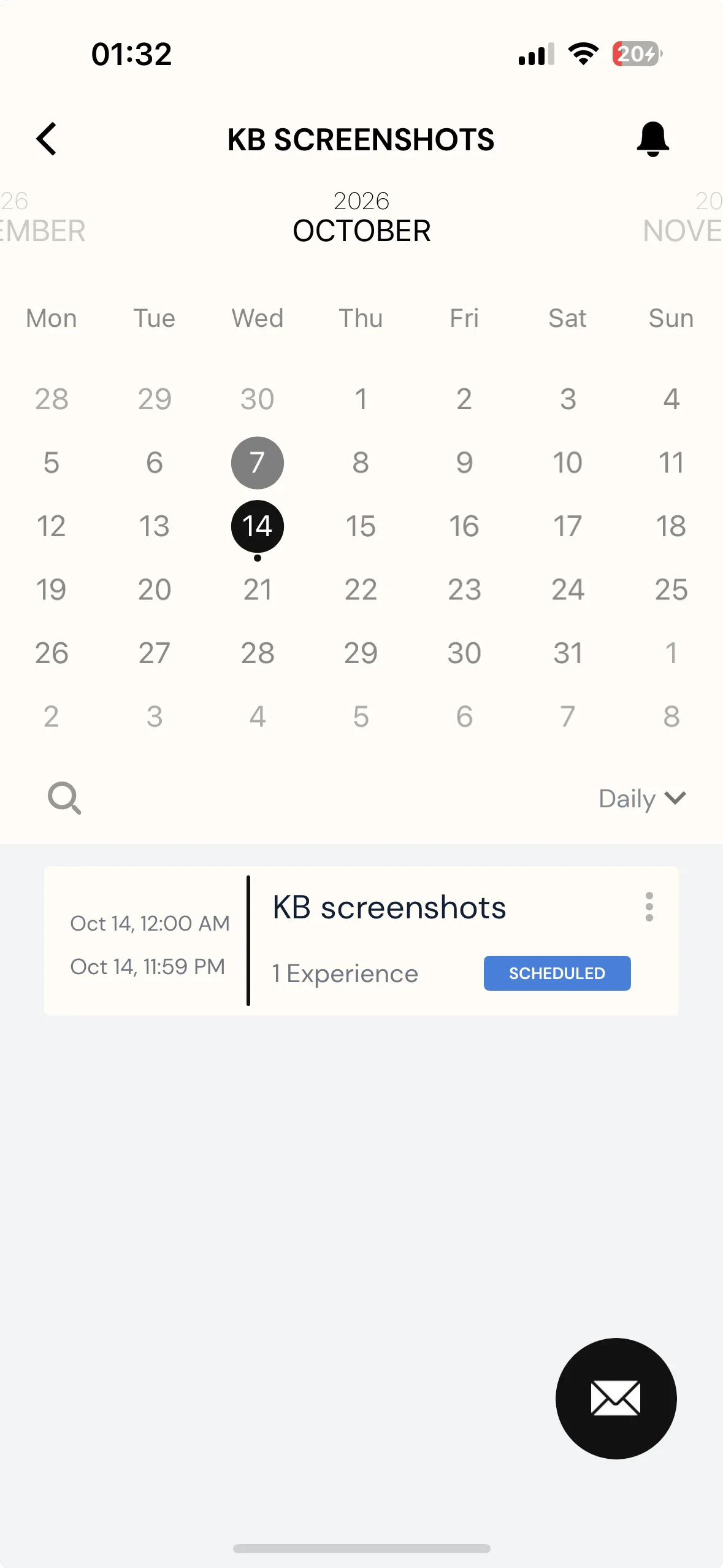 The project calendar in the app with 14 October circled a week ahead of today, and the project listed below it for that day carrying a blue SCHEDULED badge