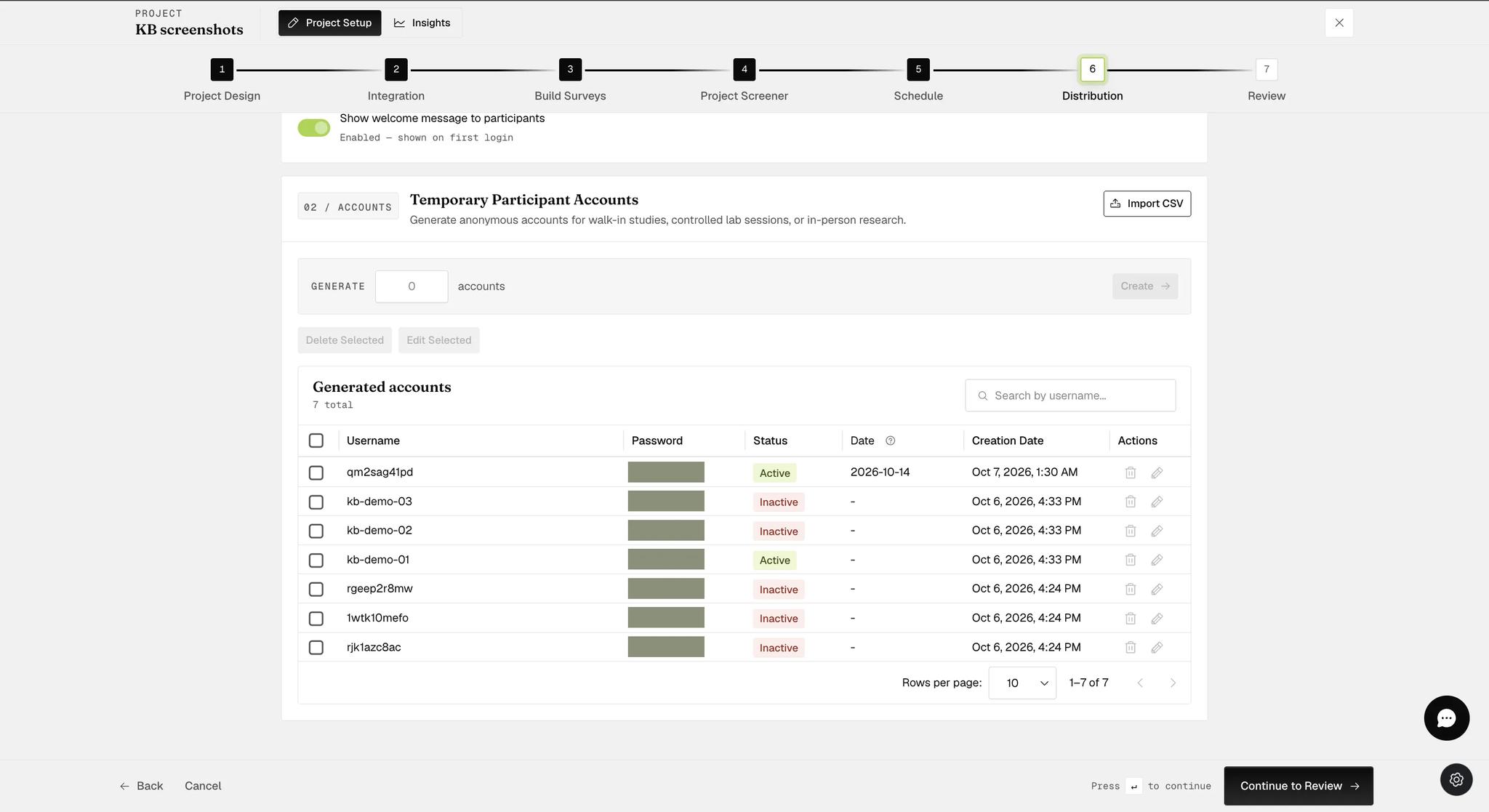 The Generated accounts table of seven accounts, two of them green Active and the rest red Inactive, with one Active account also carrying a start date of 2026-10-14 in the Date column and every password redacted in this screenshot