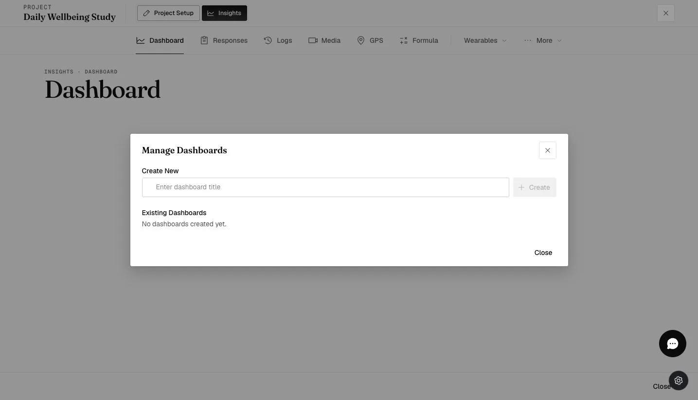 The Manage Dashboards modal: create a new dashboard by title and see existing dashboards