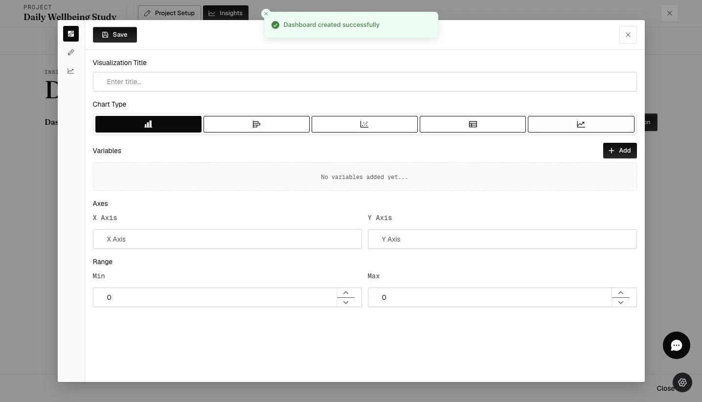 The New Visualization builder with Chart Type (bar, horizontal bar, scatter, table, line), Variables, Axes, and Range