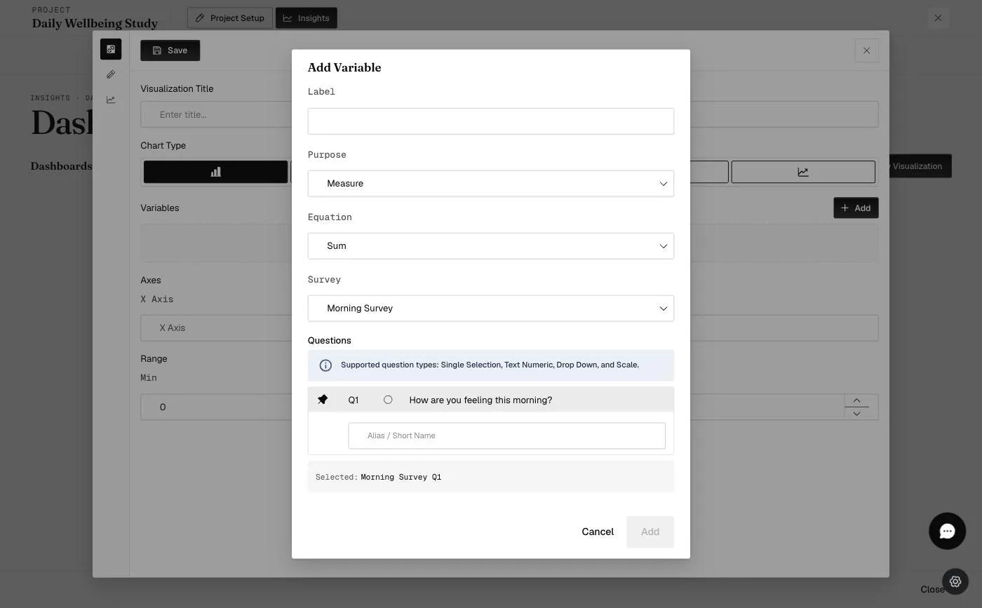 The Alias / Short Name field for a chart variable