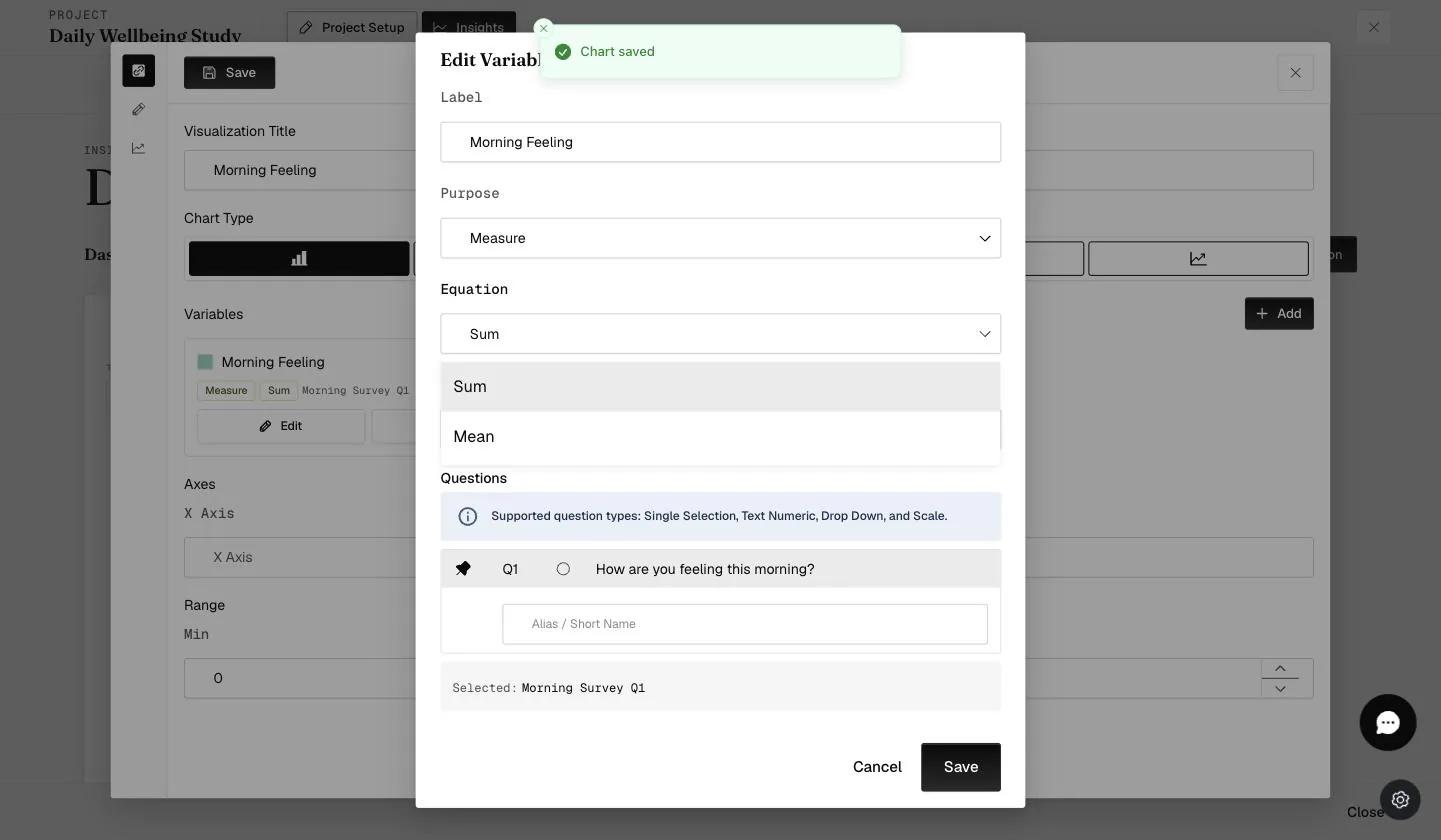 The Add Variable dialog’s Equation dropdown open with Sum and Mean options