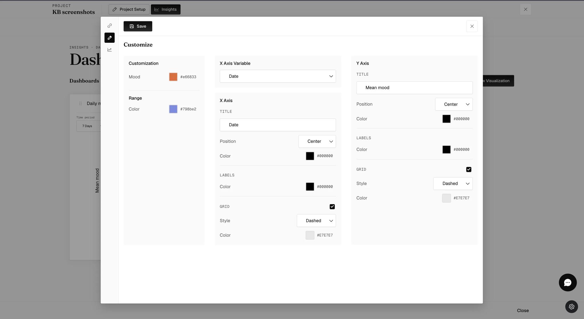 The Customize tab in three columns: variable and range colors, the X Axis Variable set to Date, and per-axis title, position, color, label color and grid settings with the grid enabled and set to dashed