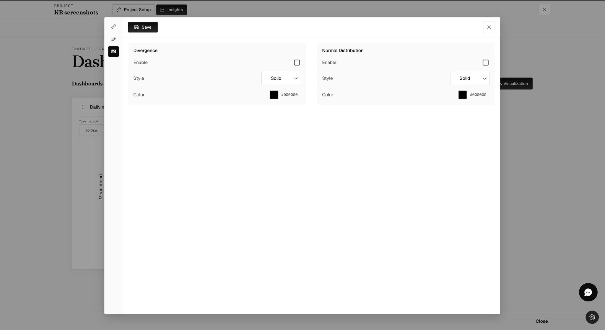 The Actions tab with Divergence and Normal Distribution side by side, each having an Enable checkbox, a line Style set to Solid, and a color