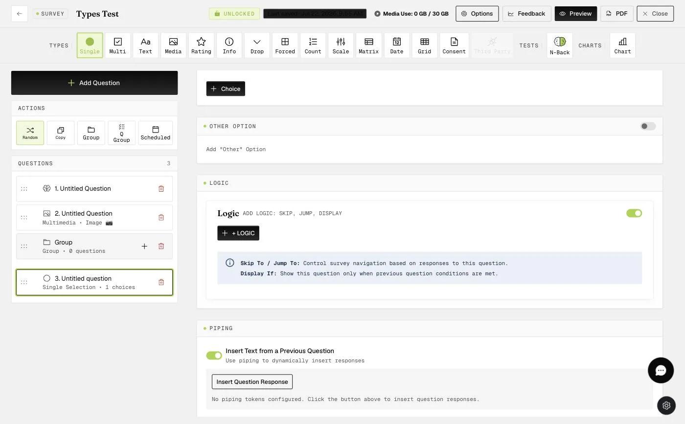 The question Logic section: Add logic for Skip, Jump, or Display, alongside the builder's Random action