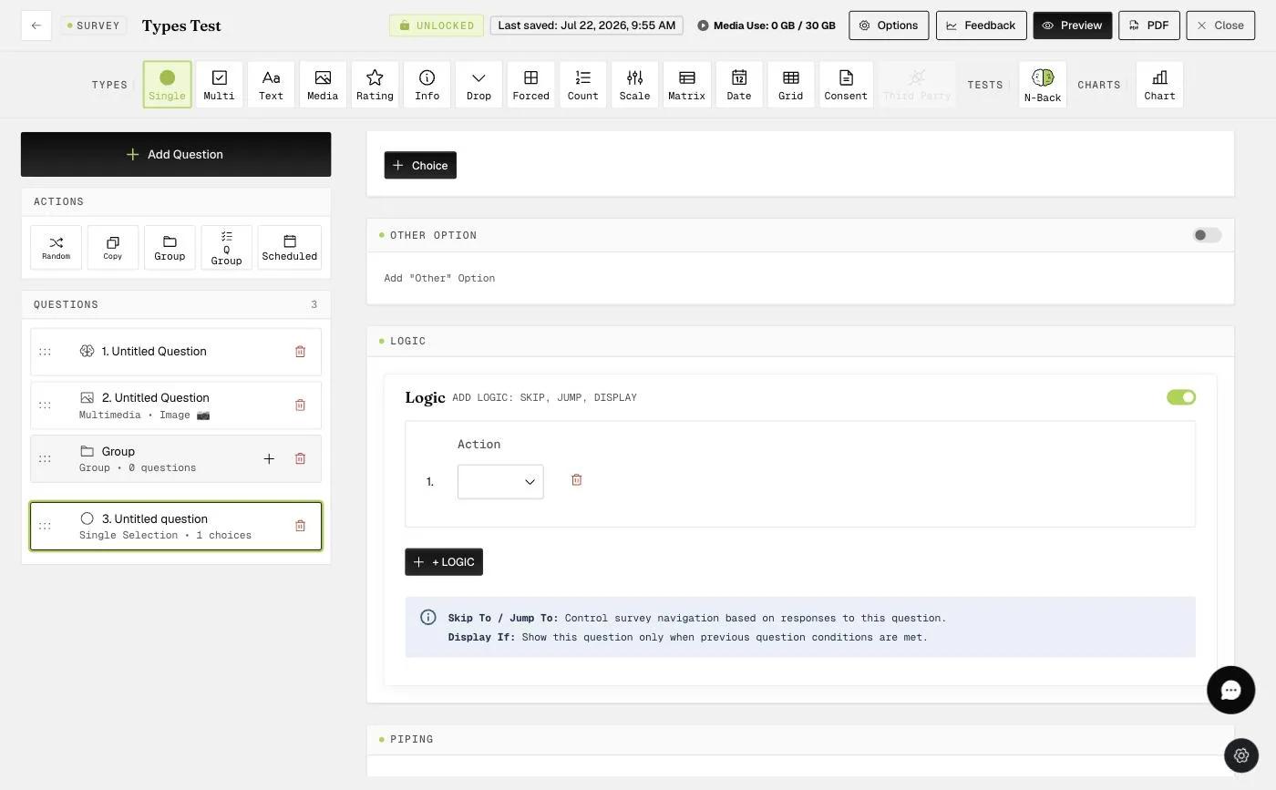 A logic rule with an Action selector to configure Skip To / Jump To / Display If
