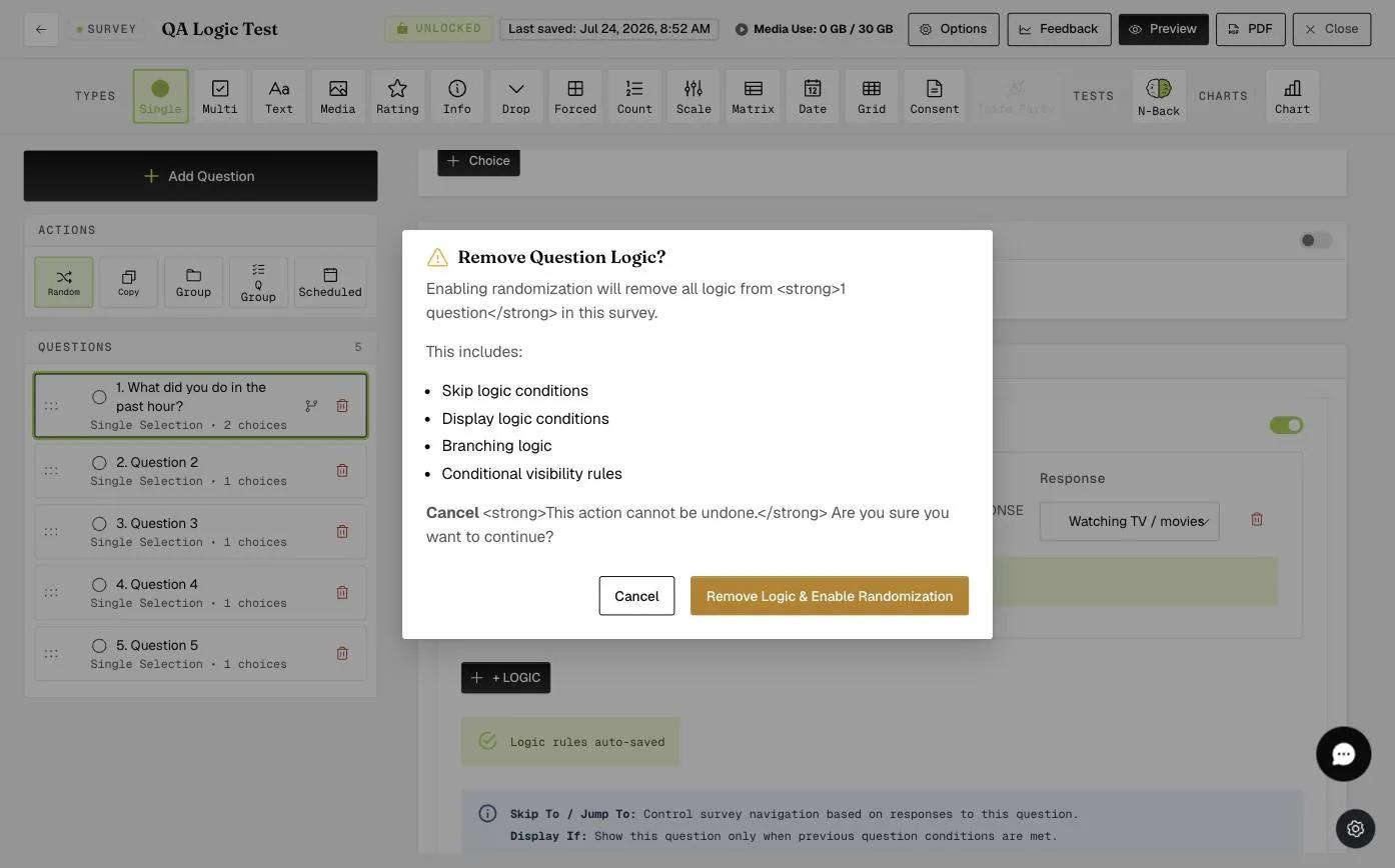 The Remove Question Logic warning shown when enabling randomization, listing skip/display/branching logic that will be removed, with a Remove Logic & Enable Randomization button