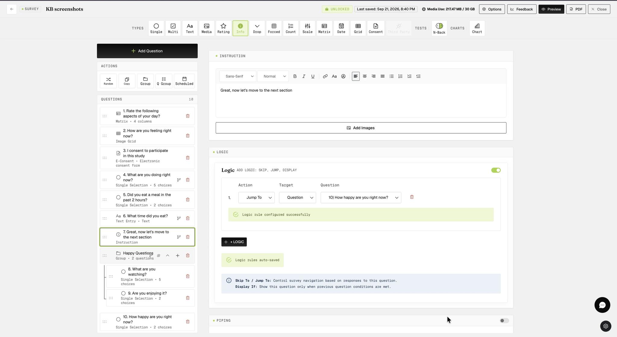 An Instruction question with Jump To logic configured to skip participants to a different survey section