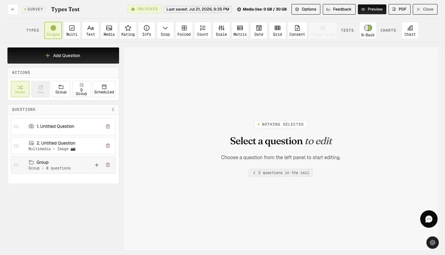 The survey builder toolbar with the PDF button used to download the survey as a PDF