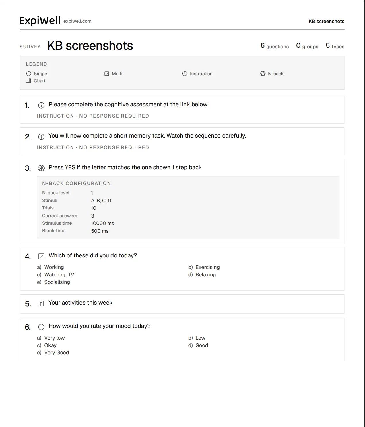 A survey exported to PDF, headed with the ExpiWell logo and survey name, followed by counts of questions, groups and types, a legend of question type icons, and each numbered question with its type, choices, and for the N-Back question a configuration table
