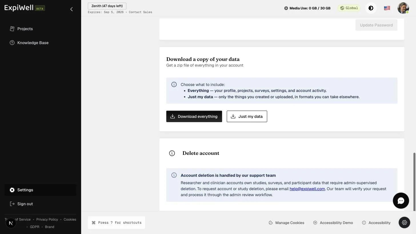 The Download a copy of your data section: choose Everything or Just my data and get a zip file, above the Delete account section
