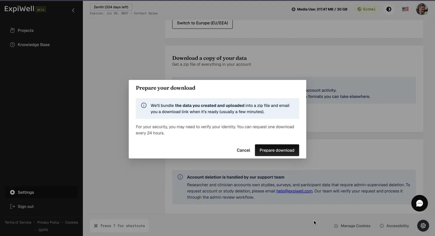 The Prepare your download dialog explaining that the data you created and uploaded will be bundled into a zip and emailed as a link, noting one download every 24 hours, with Cancel and Prepare download buttons