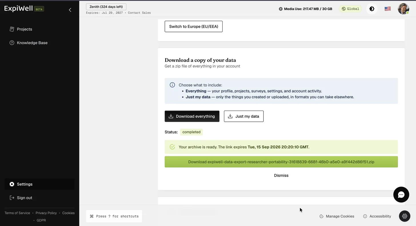 The download section with Status set to completed and a green panel reading that the archive is ready with the date its link expires, above the zip download button and a Dismiss link