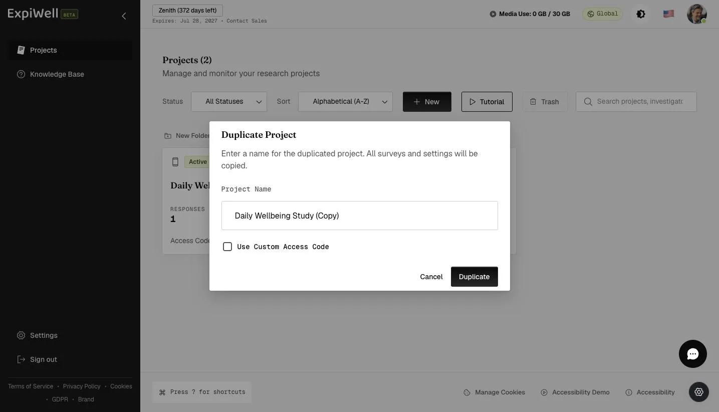 The Duplicate Project dialog with a pre-filled project name and a Use Custom Access Code checkbox
