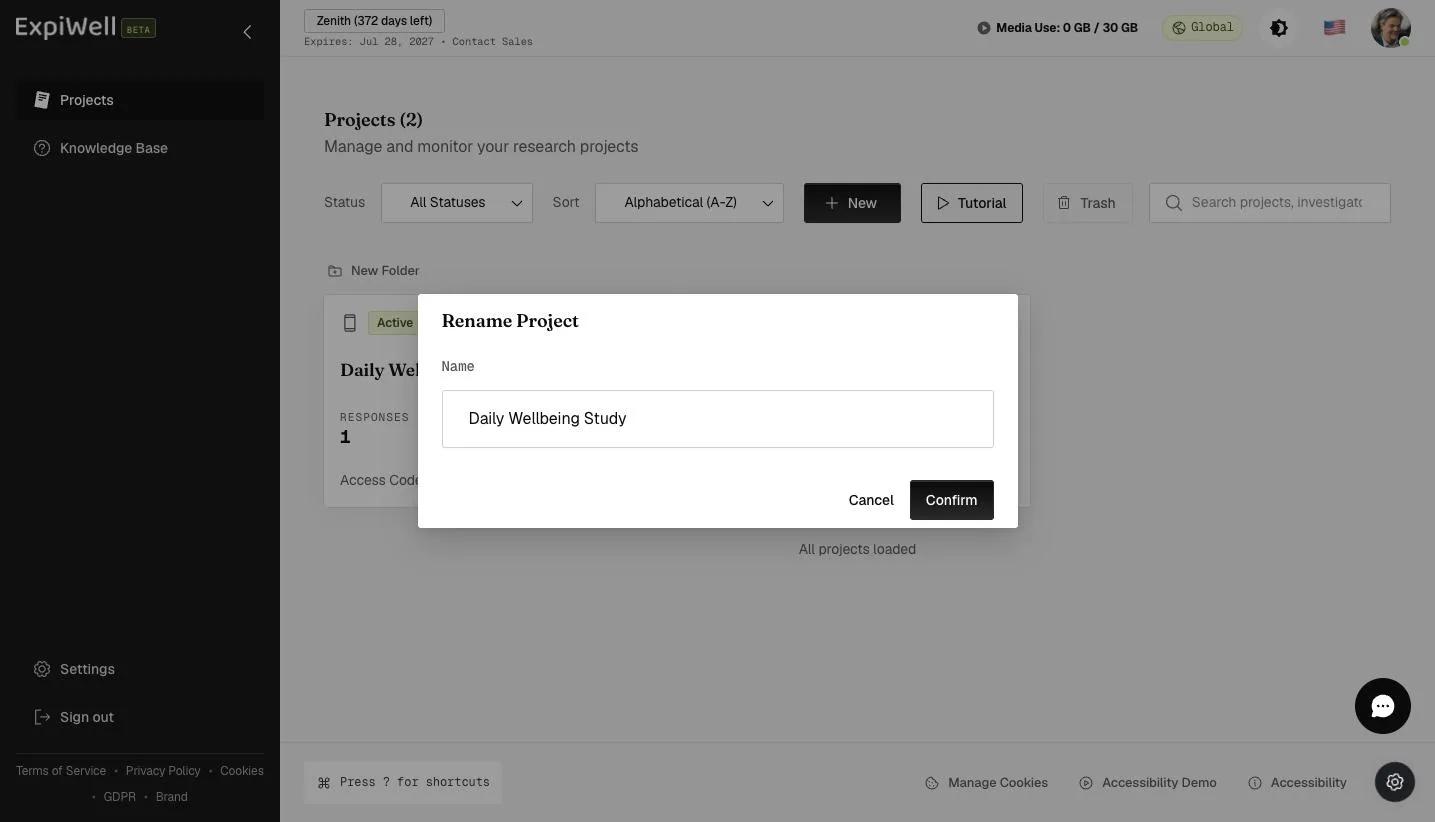The Rename Project dialog with the project Name field and Confirm button