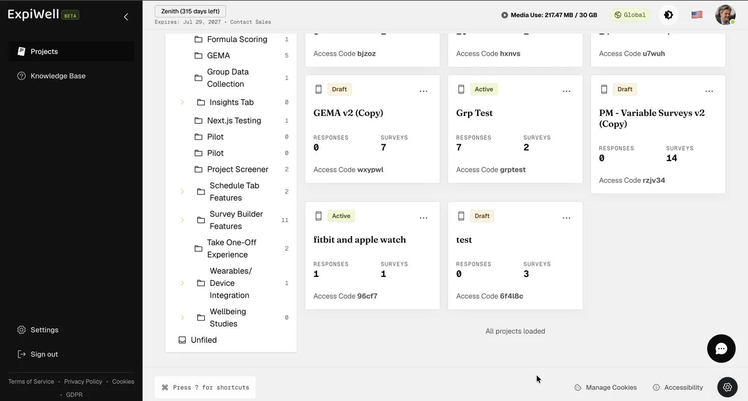 The projects dashboard showing the duplicated project GEMA v2 (Copy) in Draft status with 0 responses and 7 surveys copied