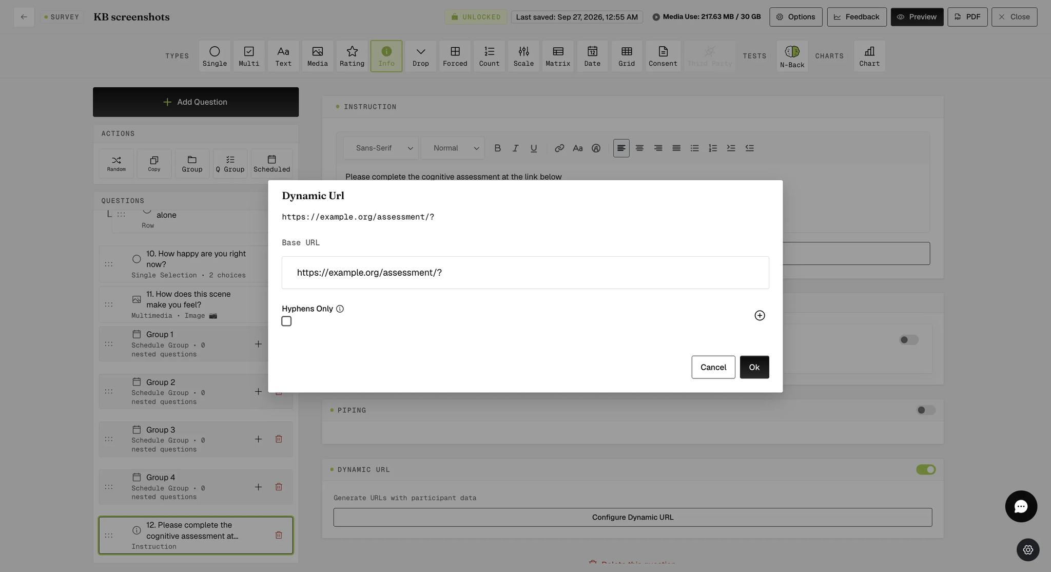The Dynamic Url modal with a base URL entered in the Base URL field, a preview of the generated link above it, a Hyphens Only checkbox, and a plus button for adding parameters