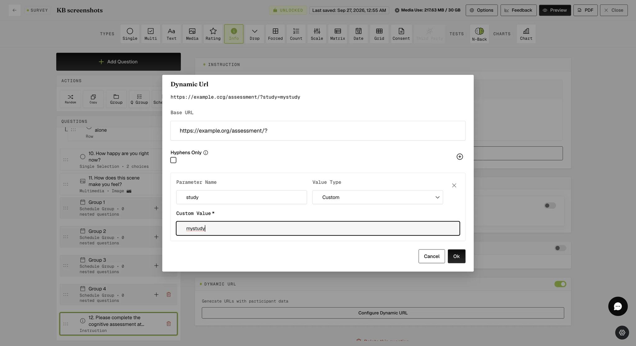 The Dynamic Url modal with one parameter added: Parameter Name set to study, Value Type set to Custom, and a Custom Value of mystudy, with the generated link preview above updating to include the parameter