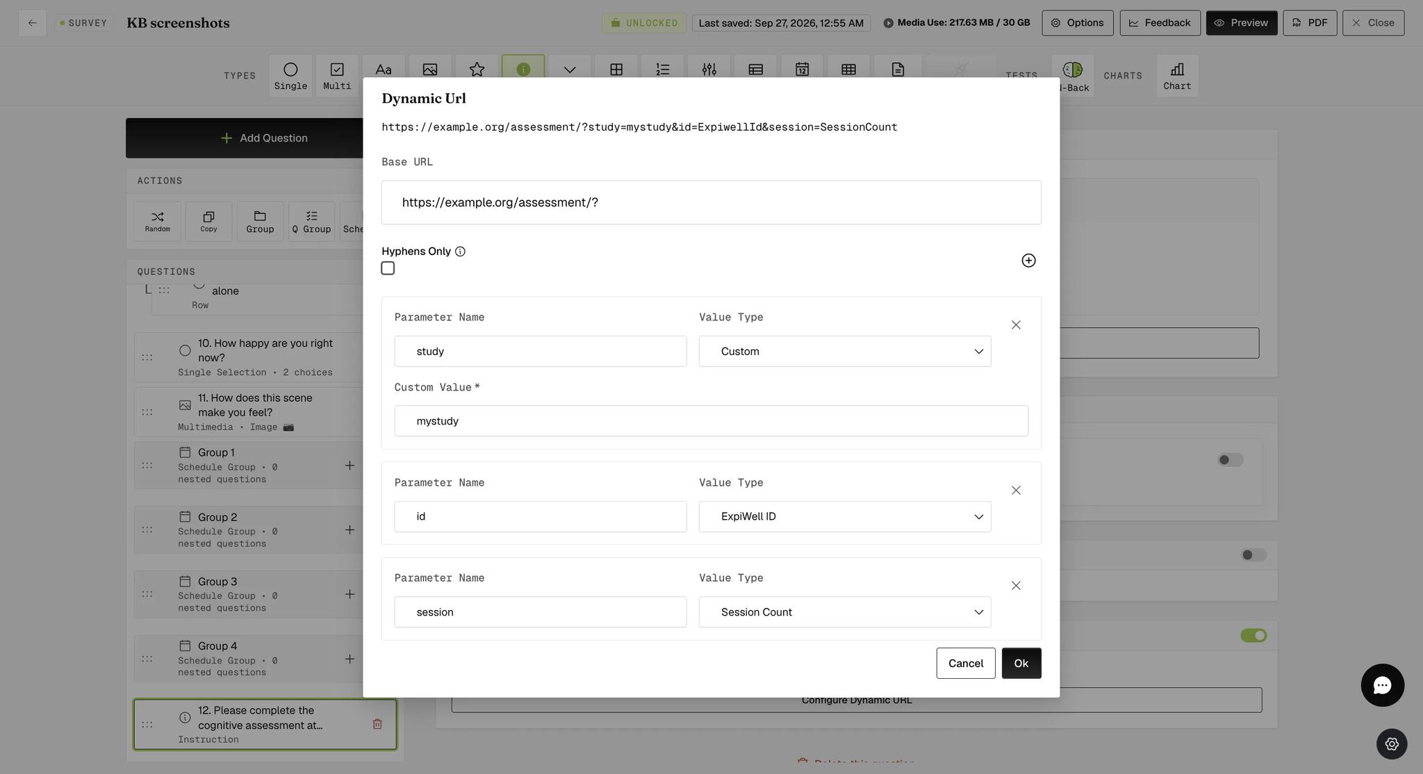 The Dynamic Url modal with three parameters configured — study as a Custom value, id as the ExpiWell ID, and session as the Session Count — and the full generated link previewed above the Base URL field