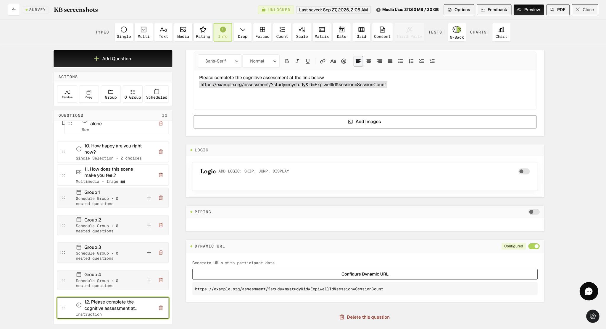 The Instruction question with the generated dynamic link inserted into the question text, and the Dynamic URL section below marked Configured with the same link shown in a grey field