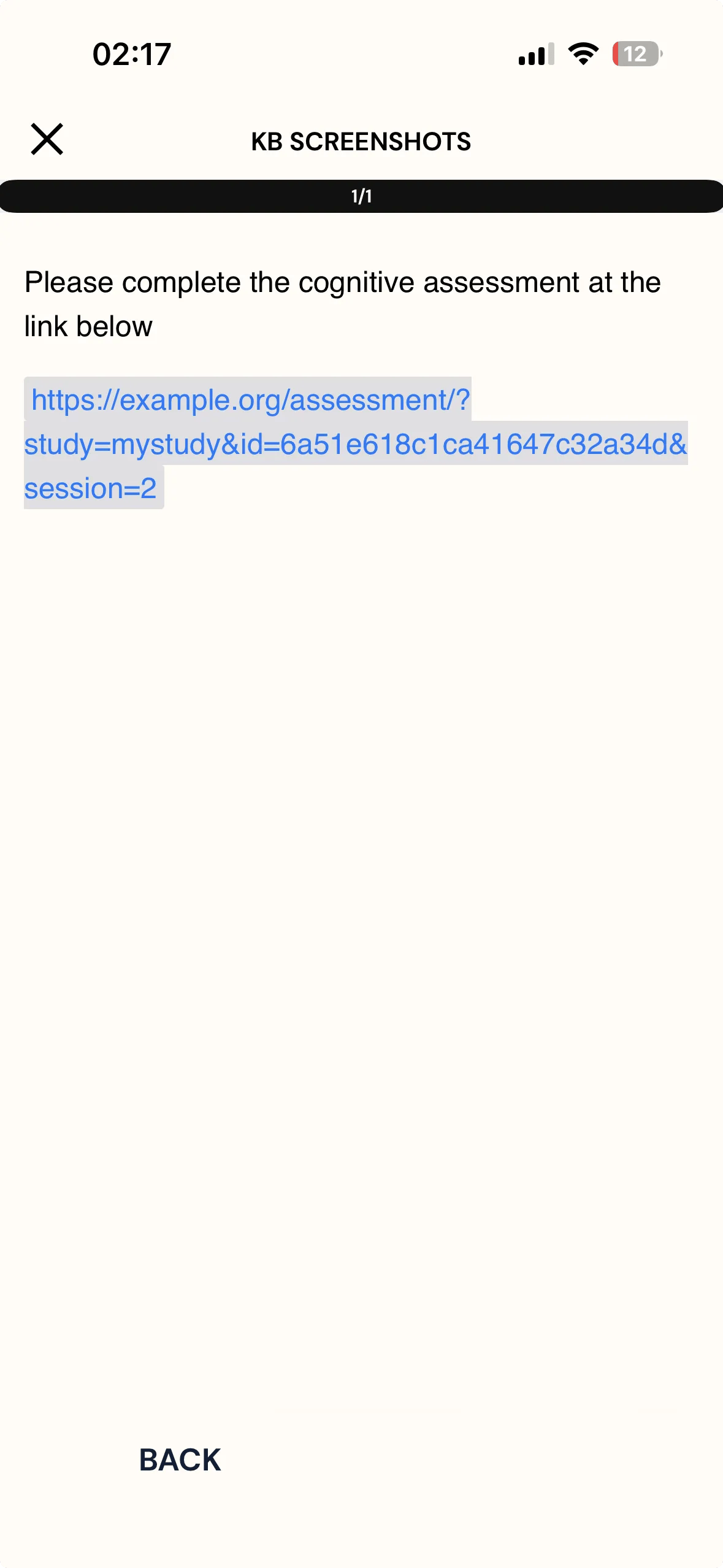 The Instruction question on the ExpiWell mobile app showing the generated link, where the id parameter carries the participant's anonymized ExpiWell ID and the session parameter shows their current session number