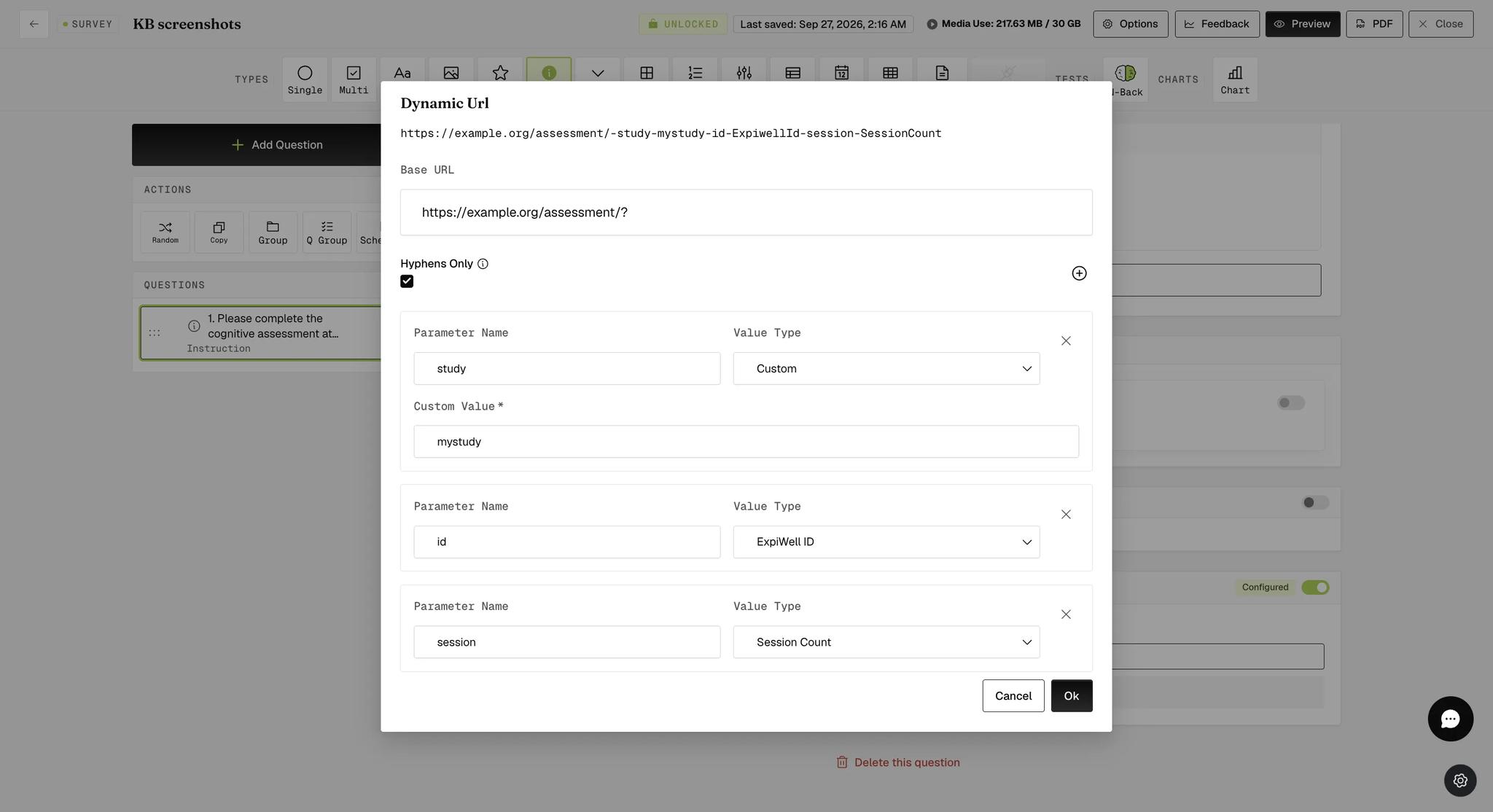The Dynamic Url modal with the Hyphens Only checkbox ticked, the same three parameters configured below, and the preview above showing the generated link separated entirely by hyphens instead of question mark, equals and ampersand characters