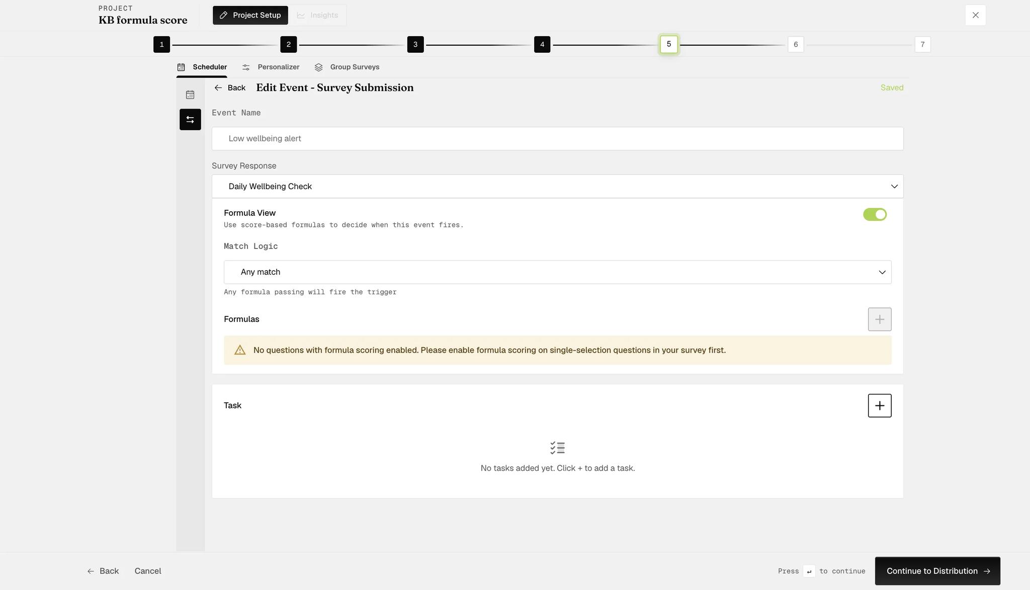 An event set to Survey Submission with Formula View switched on, a Match Logic dropdown reading Any match, and a warning that no questions have formula scoring enabled and it must be enabled on single-selection questions first