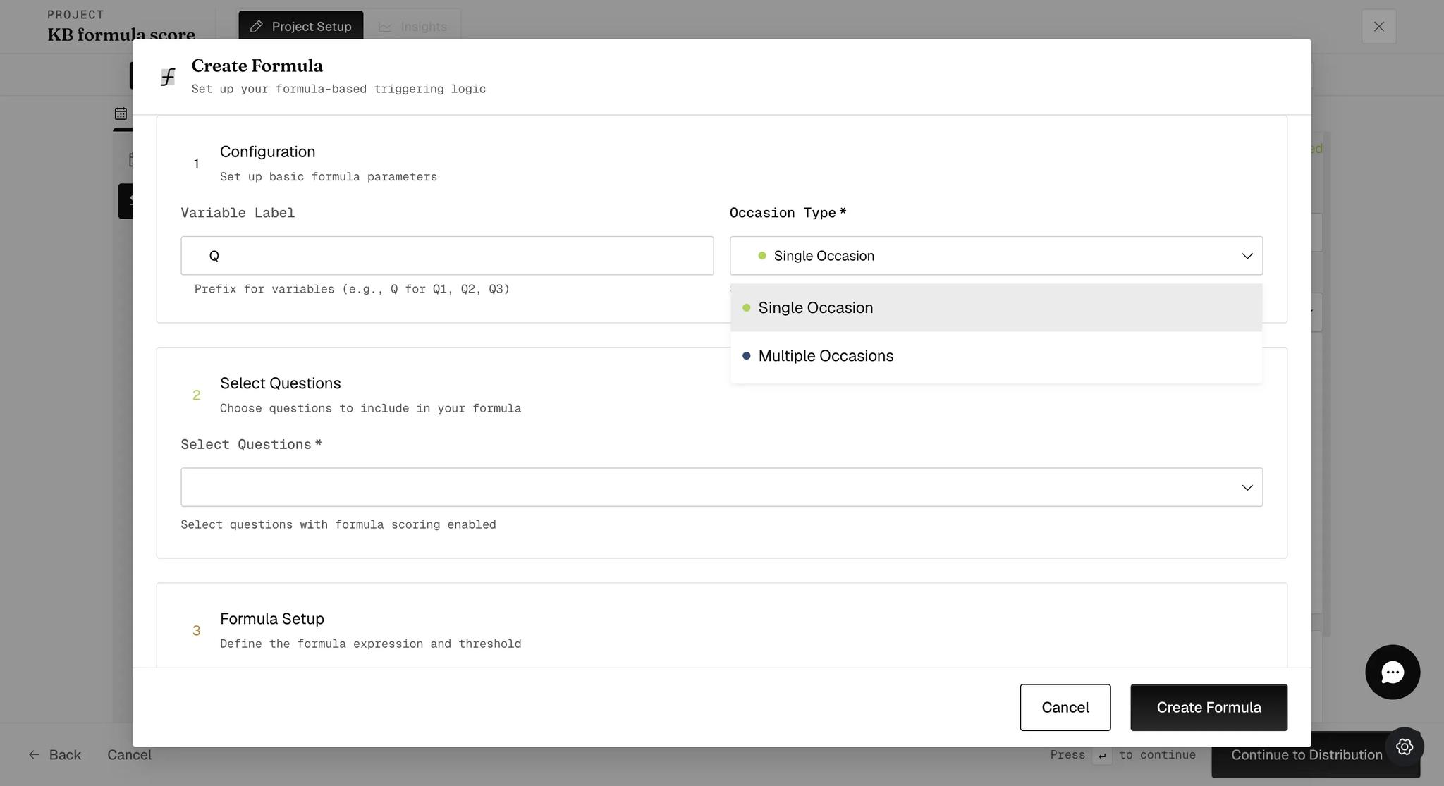 The Occasion Type dropdown open on the Create Formula dialog, offering Single Occasion and Multiple Occasions