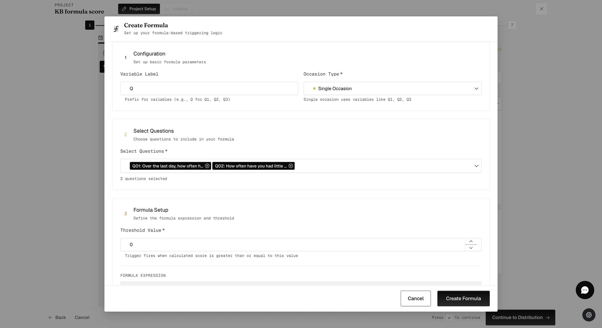 The Select Questions step of the Create Formula dialog with two questions chosen, each shown as a chip labeled Q01 and Q02 with its question text, above a line reading two questions selected