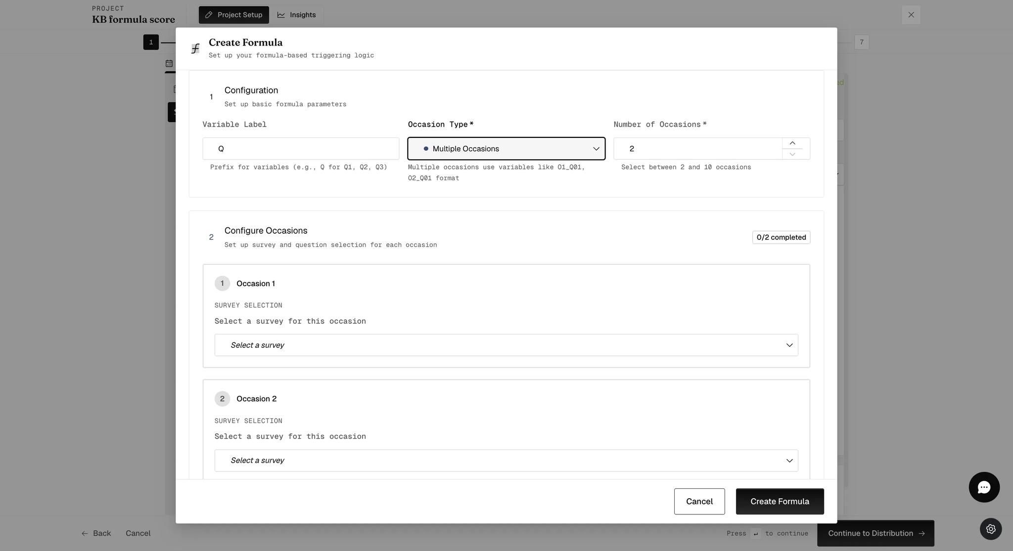 The Create Formula dialog with Occasion Type set to Multiple Occasions and a Number of Occasions field reading two, above a Configure Occasions step showing a block for each occasion and a counter reading nought of two completed