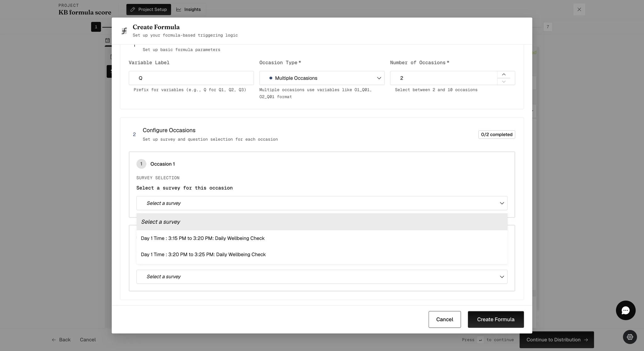 A Survey Selection dropdown open on an occasion, listing individual scheduled windows by day and time rather than survey names, each naming the same survey at a different time
