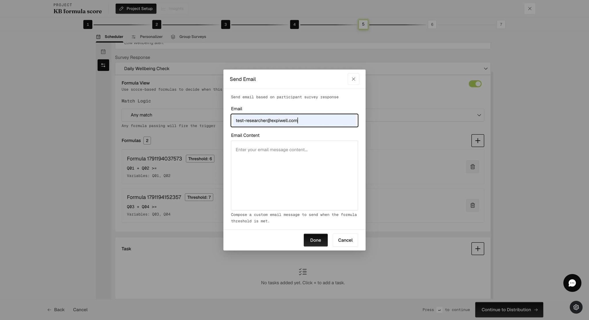 A Send Email dialog described as sending email based on participant survey response, with a filled Email field and an empty Email Content box beneath it