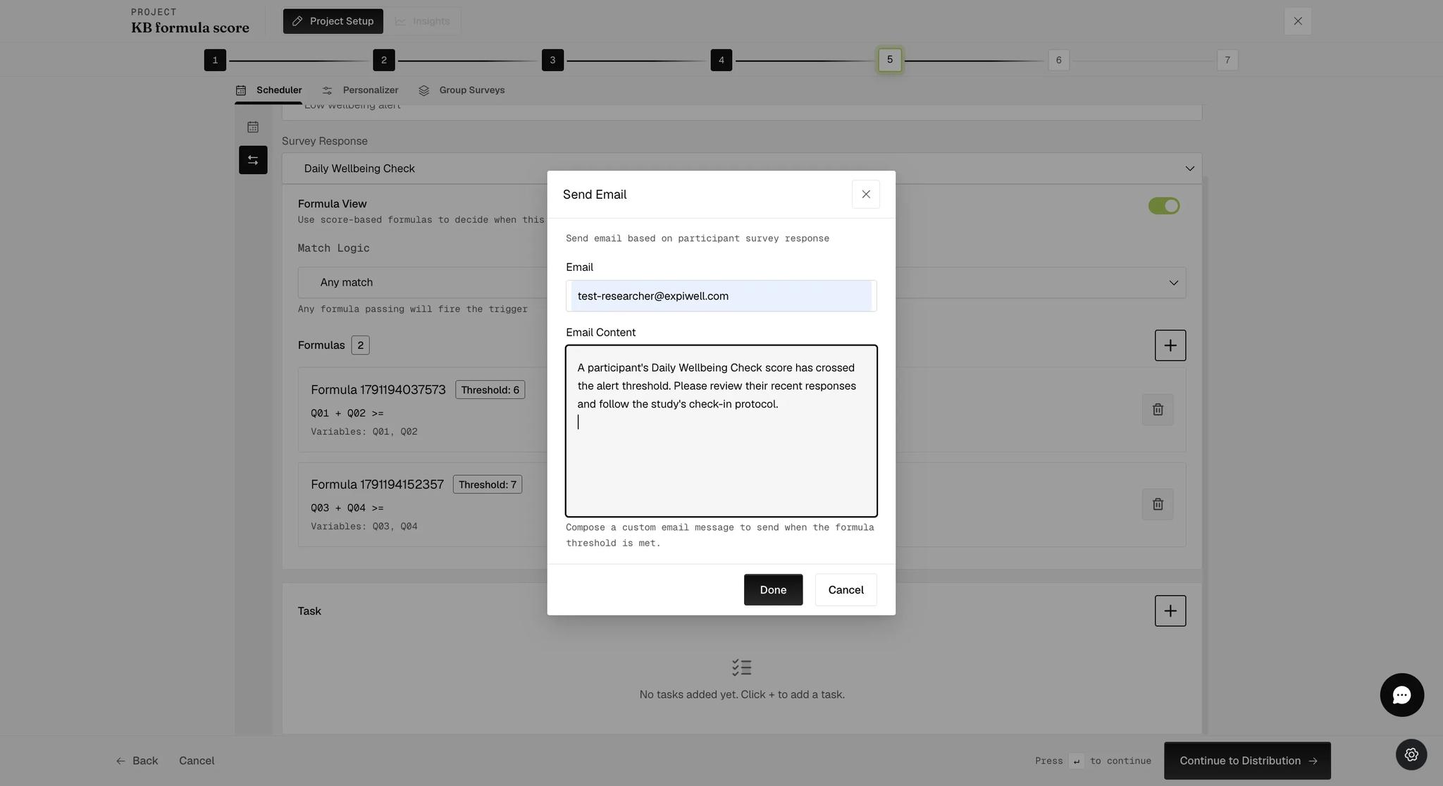 The same Send Email dialog with a message written in the Email Content box asking the reader to review a participant whose wellbeing score has crossed the alert threshold