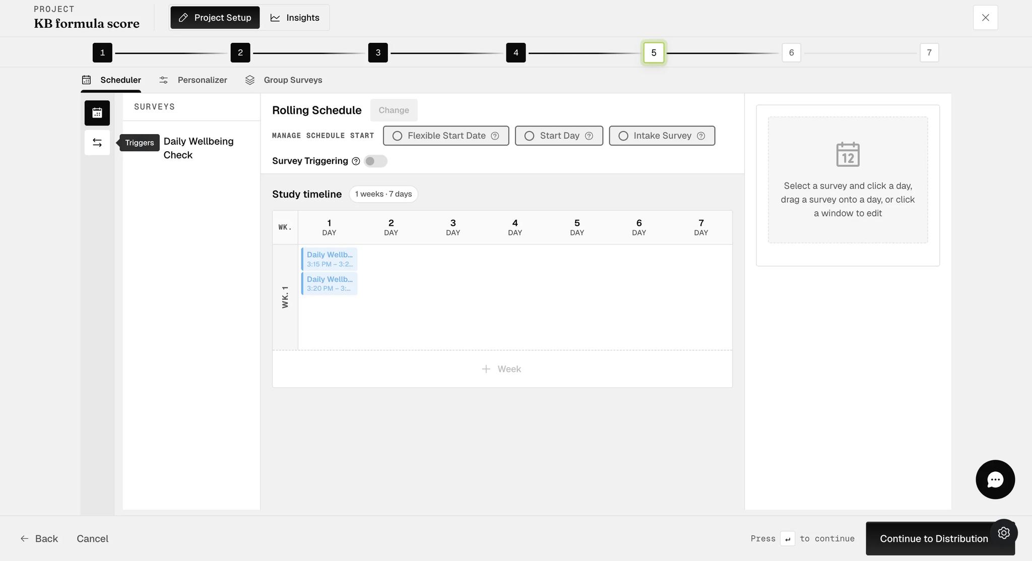 The Scheduler showing a rolling schedule, with a narrow icon strip at the far left where the second icon is hovered and a tooltip reading Triggers