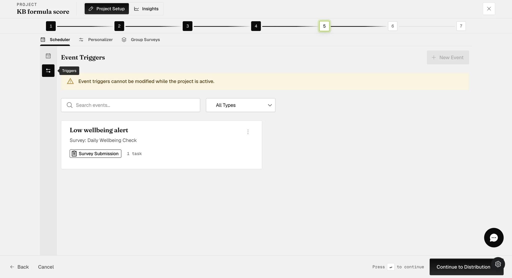 The Event Triggers page listing one event with its survey name and a Survey Submission badge, above a warning that event triggers cannot be modified while the project is active and a grayed out New Event button