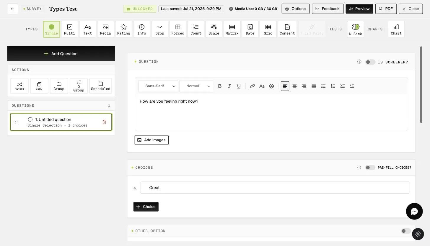 A survey question editor with the Add Images button used to embed media into the question
