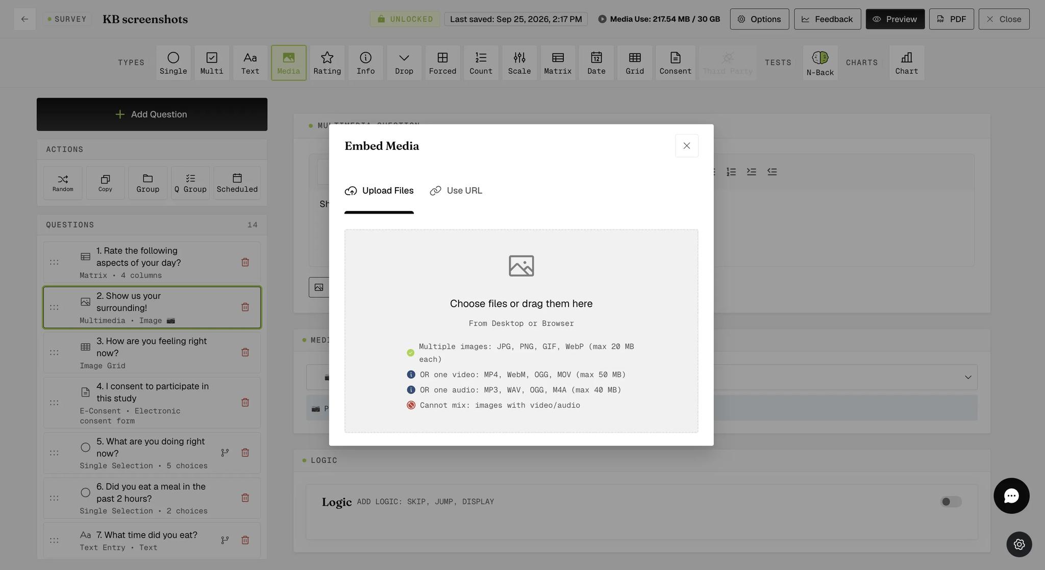 The Embed Media modal on the Upload Files tab with a drag-and-drop area showing supported formats: images (JPG, PNG, GIF, WebP up to 20 MB each), one video (MP4, WebM, OGG, MOV up to 50 MB), or one audio (MP3, WAV, OGG, M4A up to 40 MB)