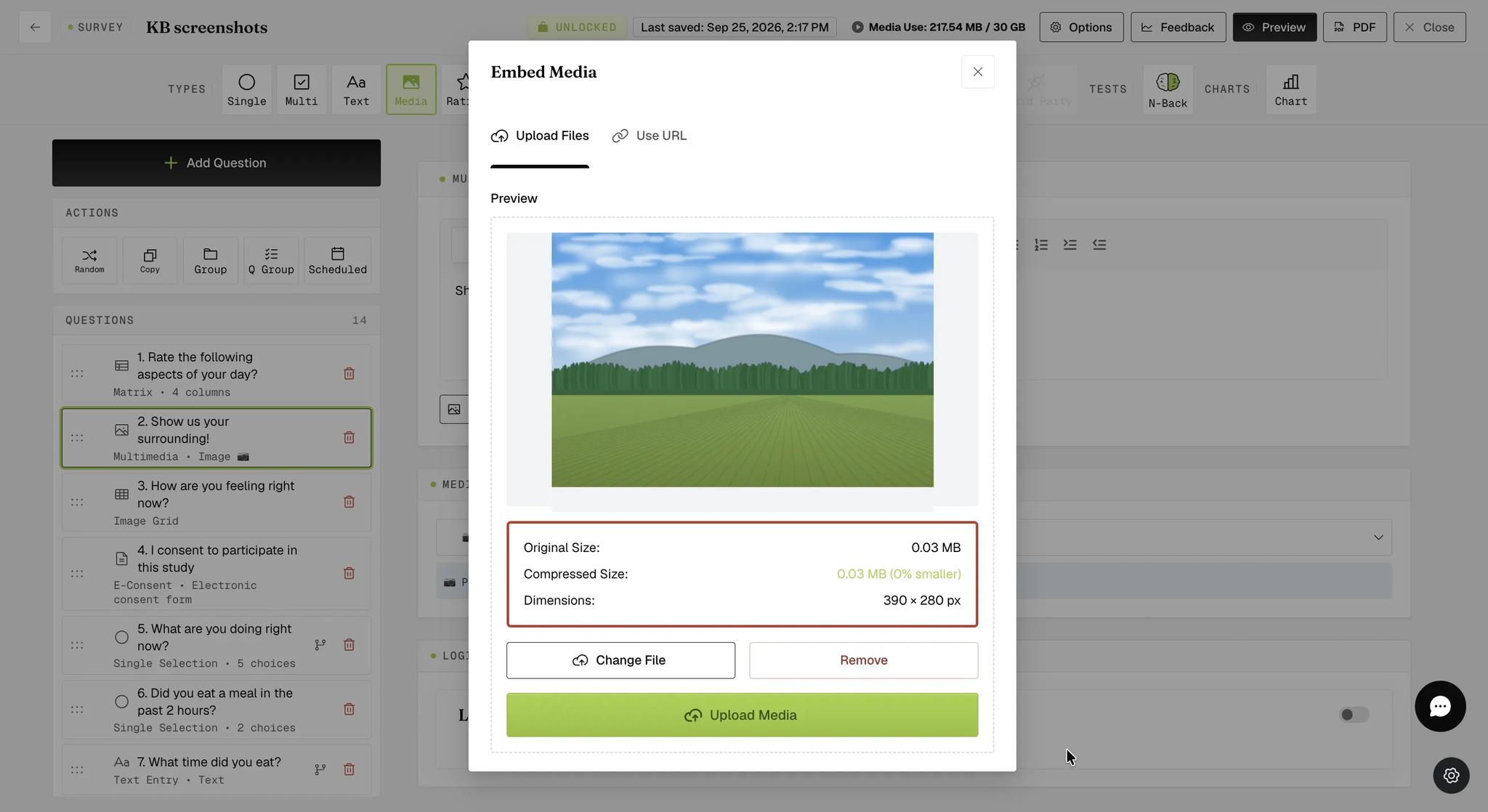 The Embed Media modal showing an image preview with file details (original size, compressed size, dimensions) and the Upload Media button